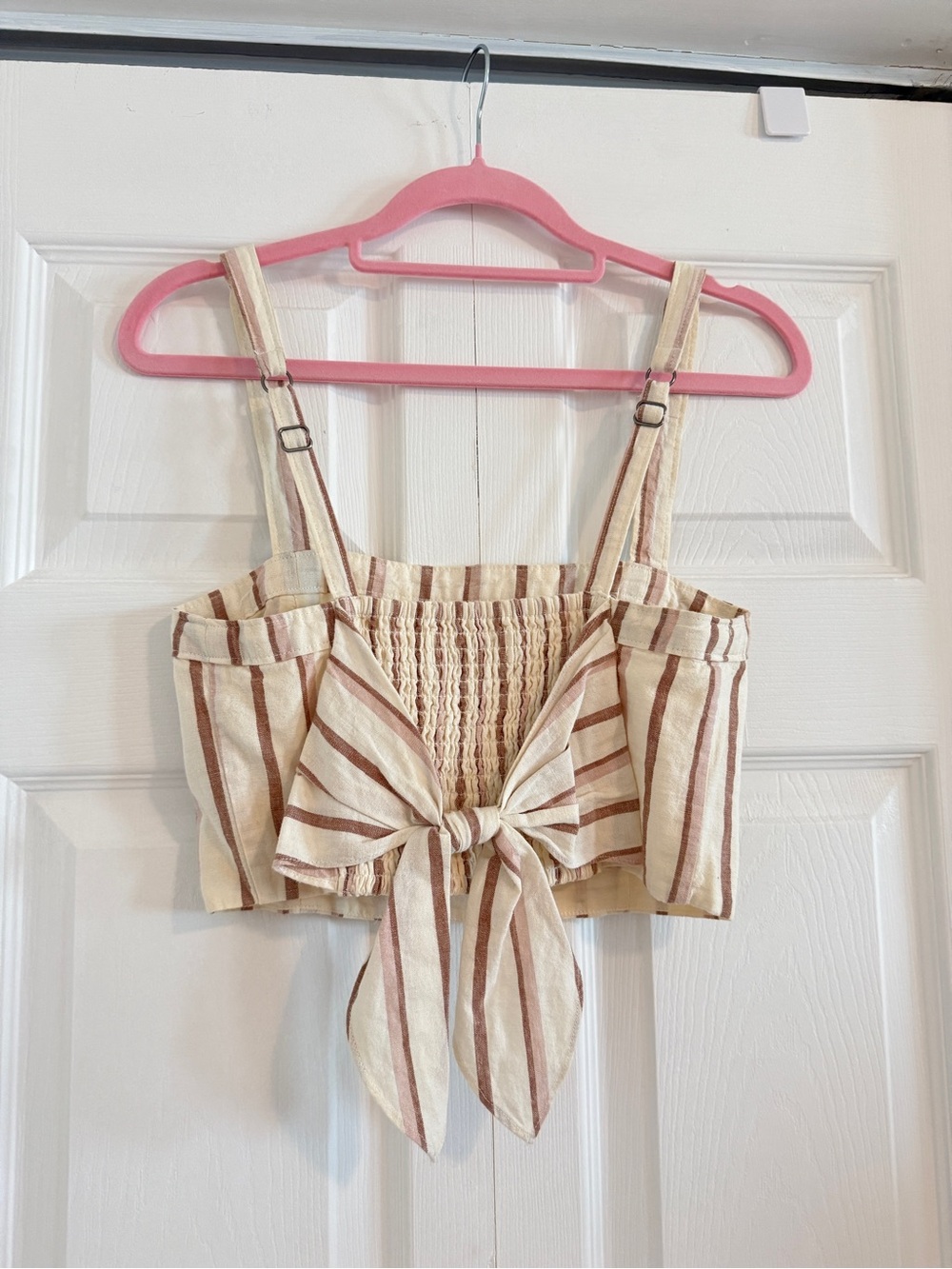New Abercrombie & Fitch Linen Blend Cream and Brown Striped Tie-Back Crop Top,XS
